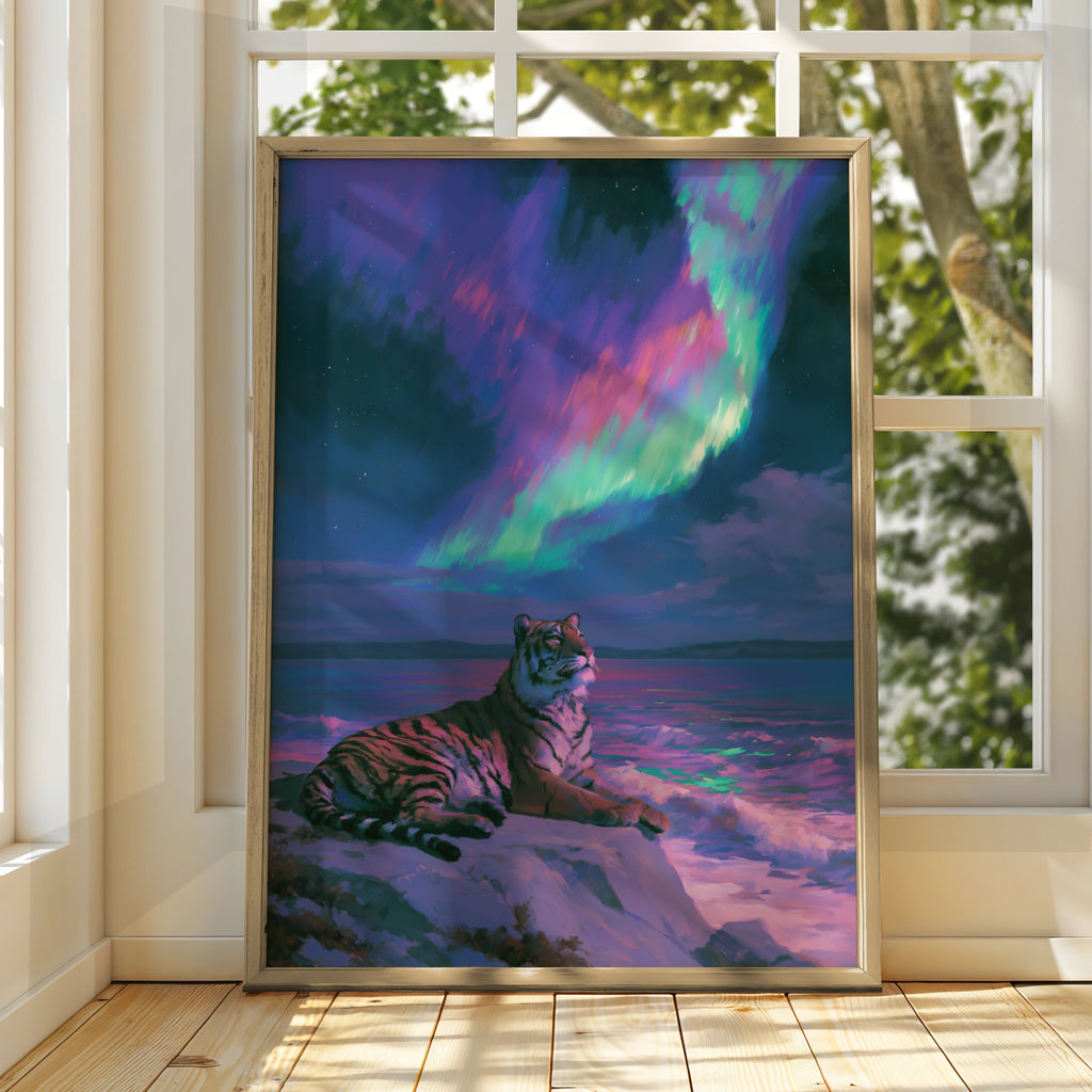 Tiger Aurora Borealis Poster, Northern Lights Wildlife Art Print, Vivid Night Sky