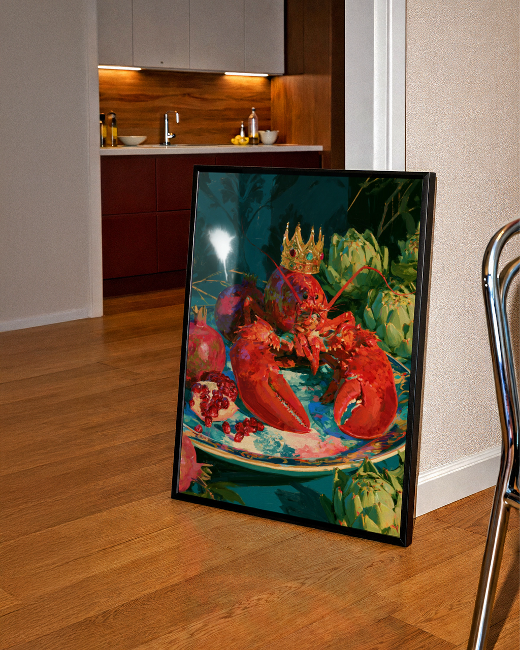 Crowned Lobster Artichokes Still Life Poster, Bold Maximalist Wall Art Print