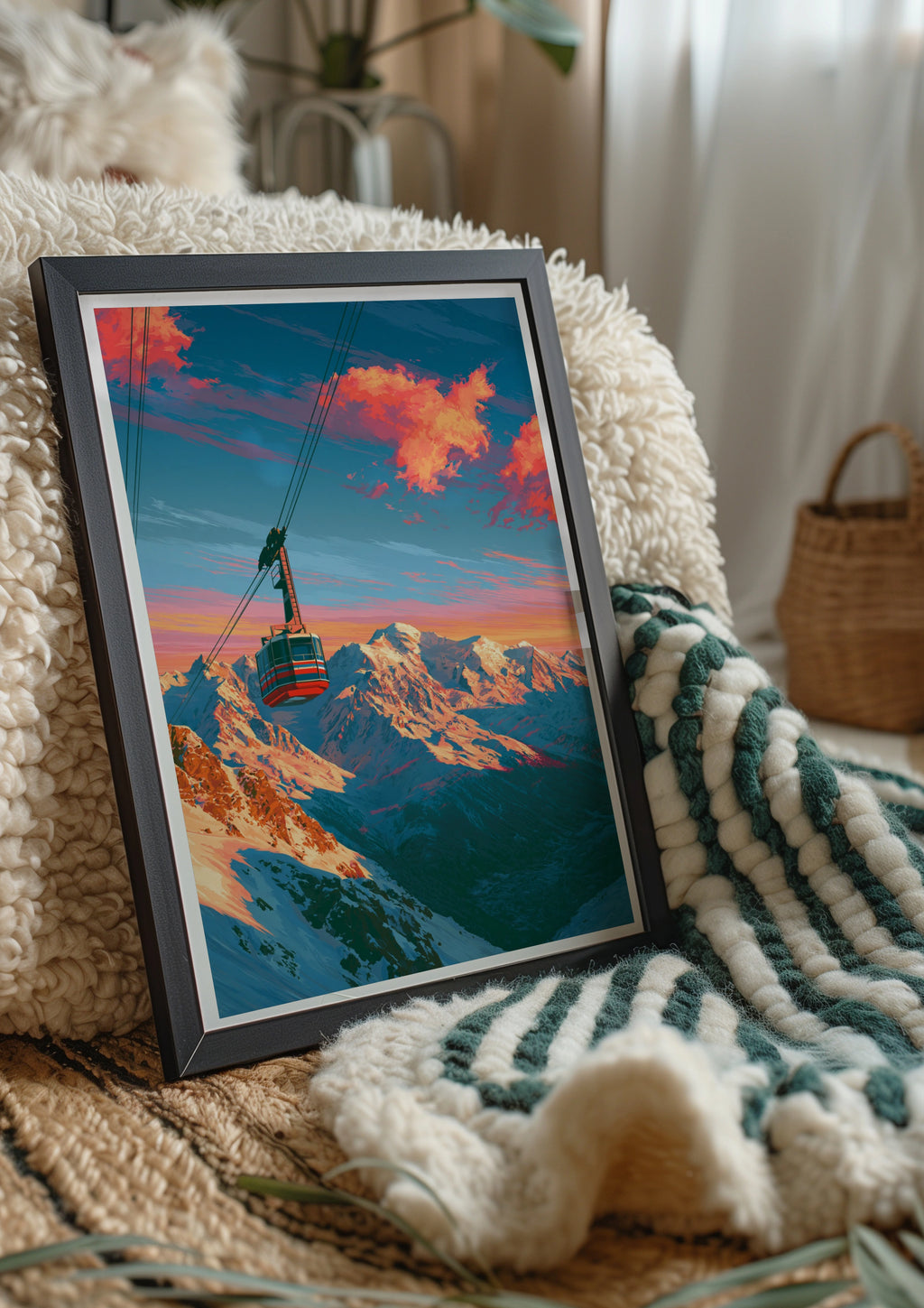 Cable Car Mountain Sunset Poster, Pink Clouds Alpine Art Print, Ski Resort Wall Art