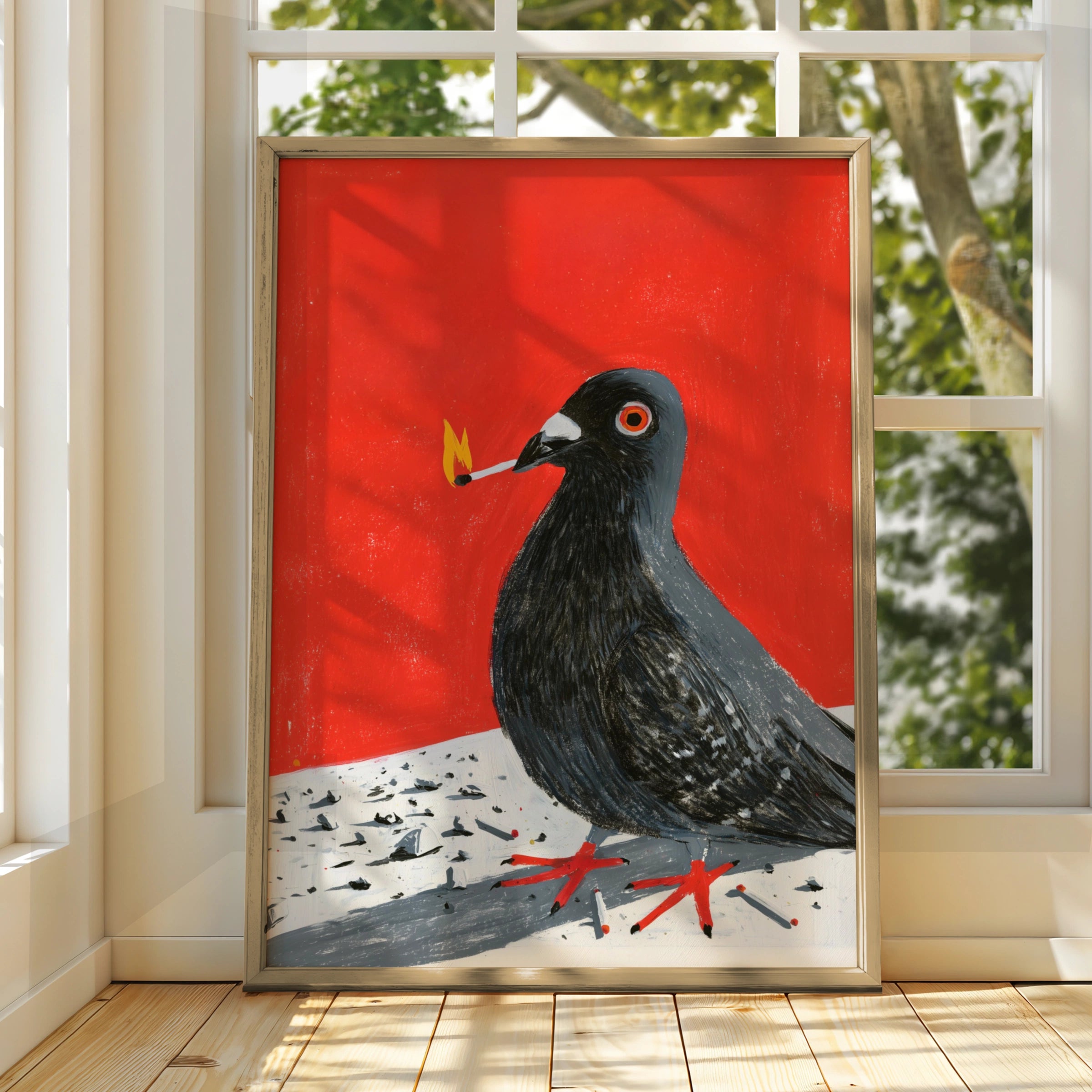 Pigeon with Match Poster, Bold Red Wall Art, Urban Bird Print
