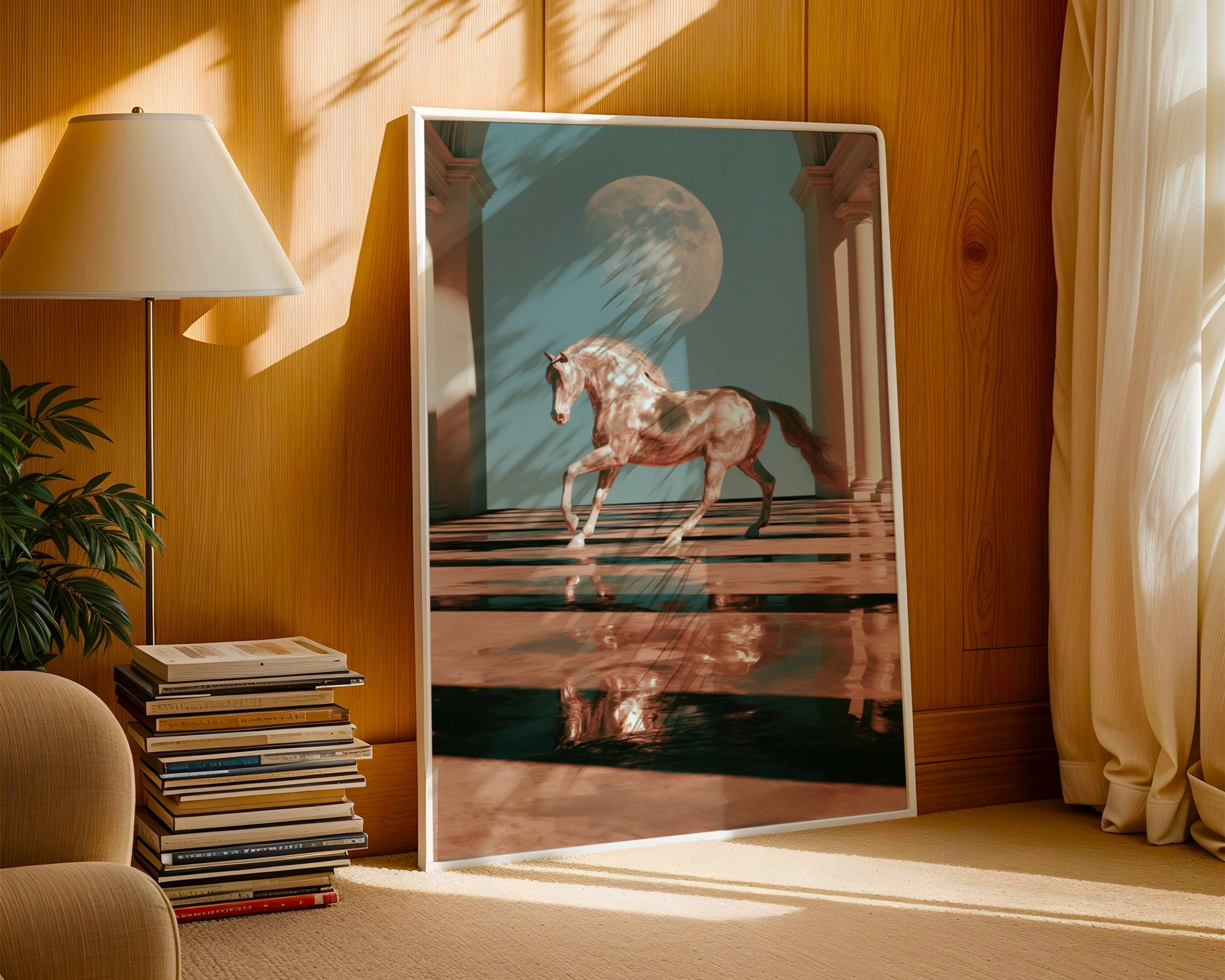 Horse Moon Hall Water Reflection Poster, Surreal Equine Art Print