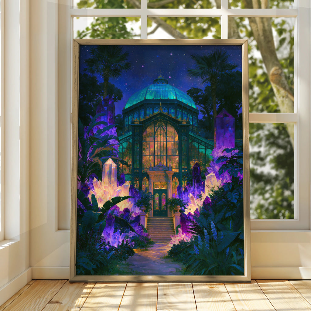 Crystal Greenhouse Surreal Night Poster, Botanical Glasshouse Art Print, Fantasy