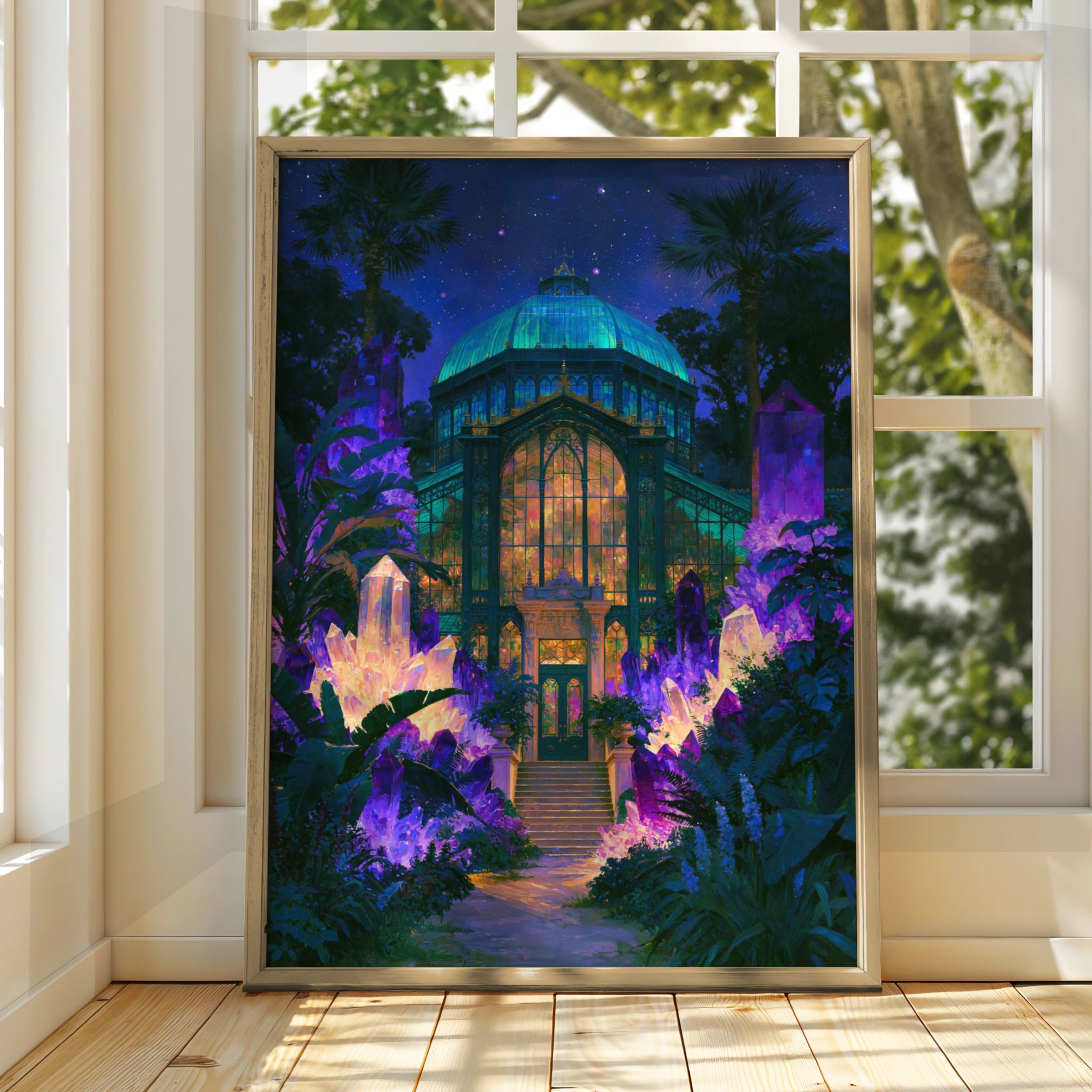 Crystal Greenhouse Surreal Night Poster, Botanical Glasshouse Art Print, Fantasy