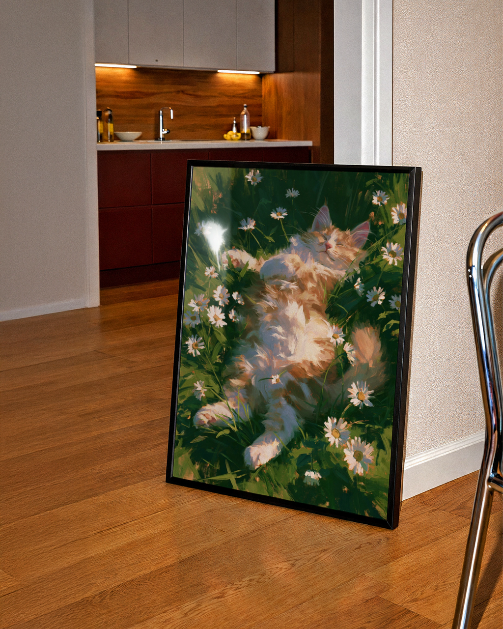 Sleeping Fluffy Cat Daisies Grass Poster, Cosy Painterly Wall Art Print