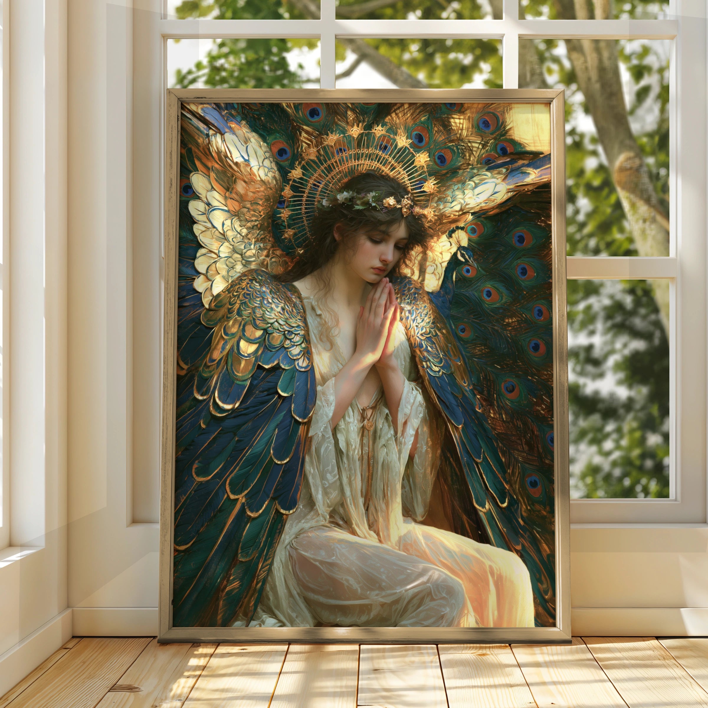 Angel Peacock Feather Wings Wall Art Poster, Pre-Raphaelite Style Print