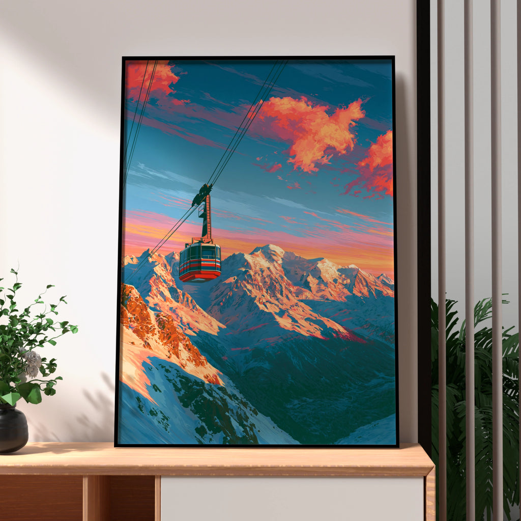 Cable Car Mountain Sunset Poster, Pink Clouds Alpine Art Print, Ski Resort Wall Art