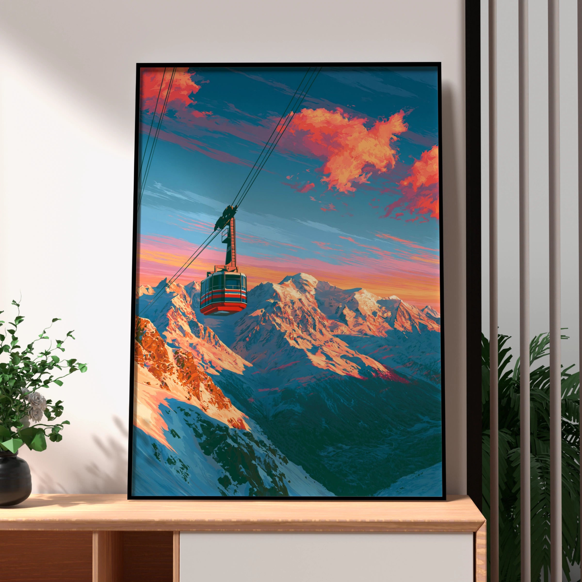 Cable Car Mountain Sunset Poster, Pink Clouds Alpine Art Print, Ski Resort Wall Art