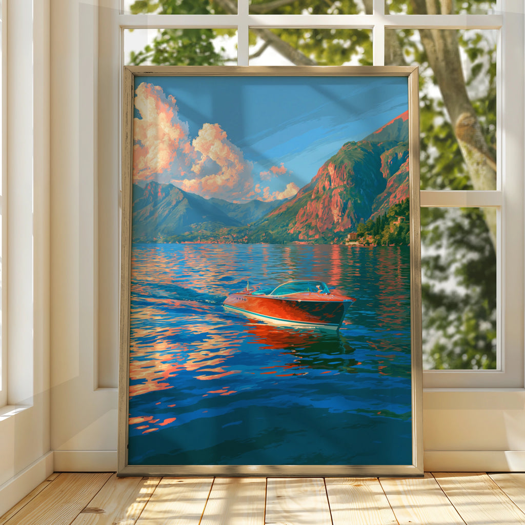Speedboat Lake Como Poster, Italian Alps Wall Art, Retro Travel Print