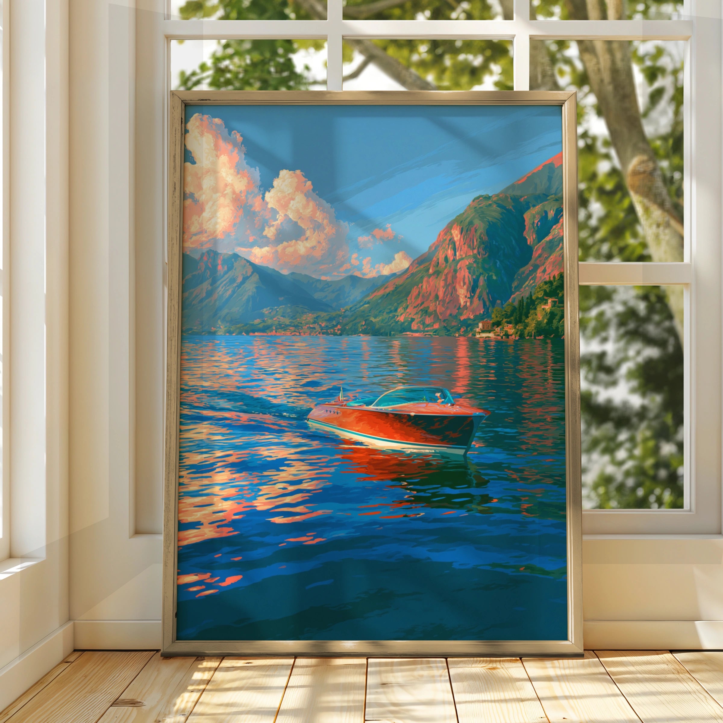 Speedboat Lake Como Poster, Italian Alps Wall Art, Retro Travel Print