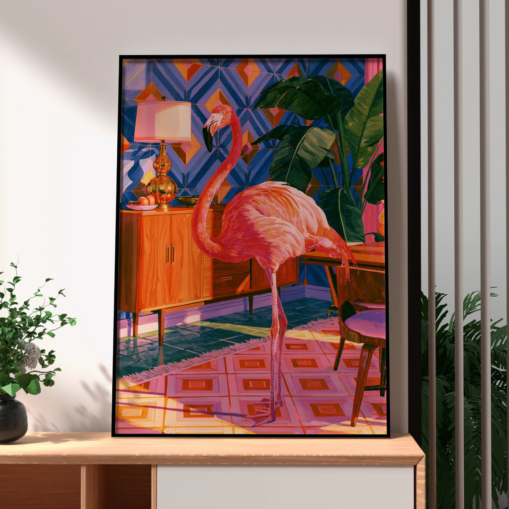Flamingo Living Room Poster, Mid-Century Interior Wall Art, Tropical Bird Print