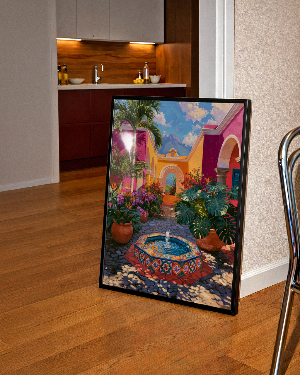Guatemala Courtyard Poster, Colourful Tiled Fountain, Latin America Wall Art