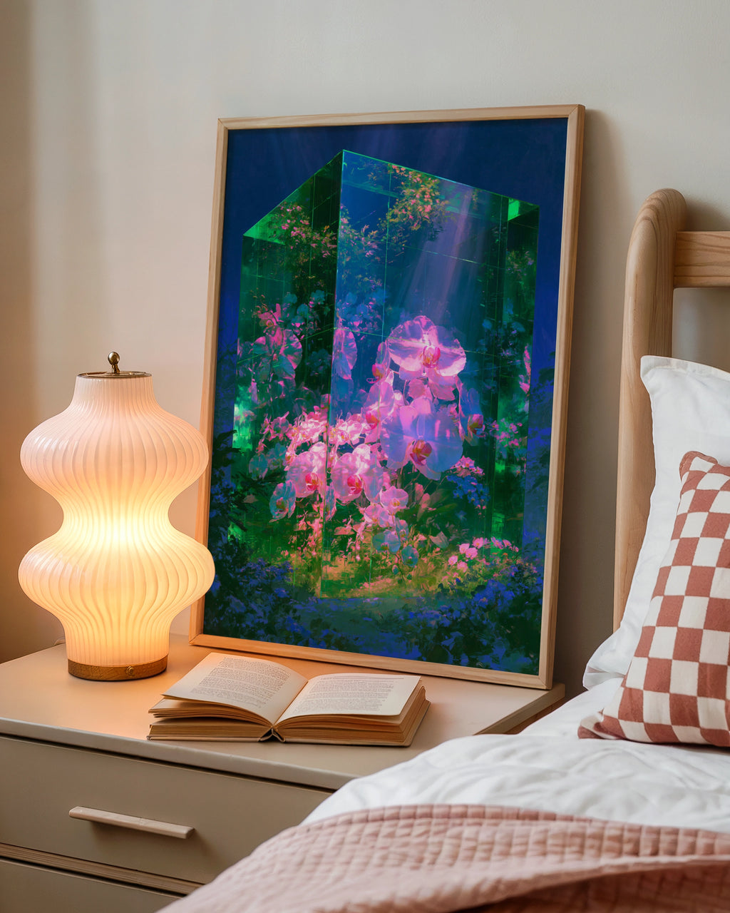 Emerald Glass Orchid Poster, Pink Flowers Fantasy Art Print, Botanical