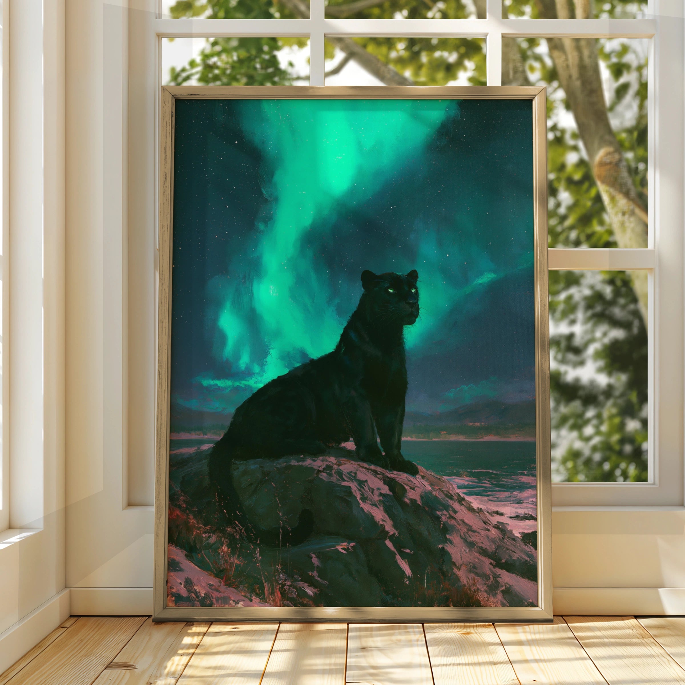 Black Panther Aurora Borealis Poster, Northern Lights Wildlife Art Print