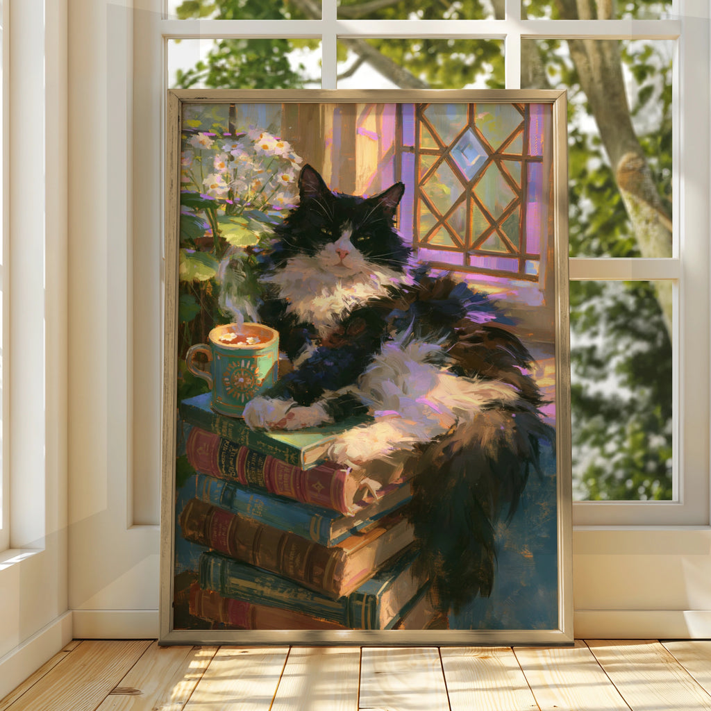 Sleepy Cat on Books Poster, Tuxedo Cat Wall Art, Cosy Reading Print
