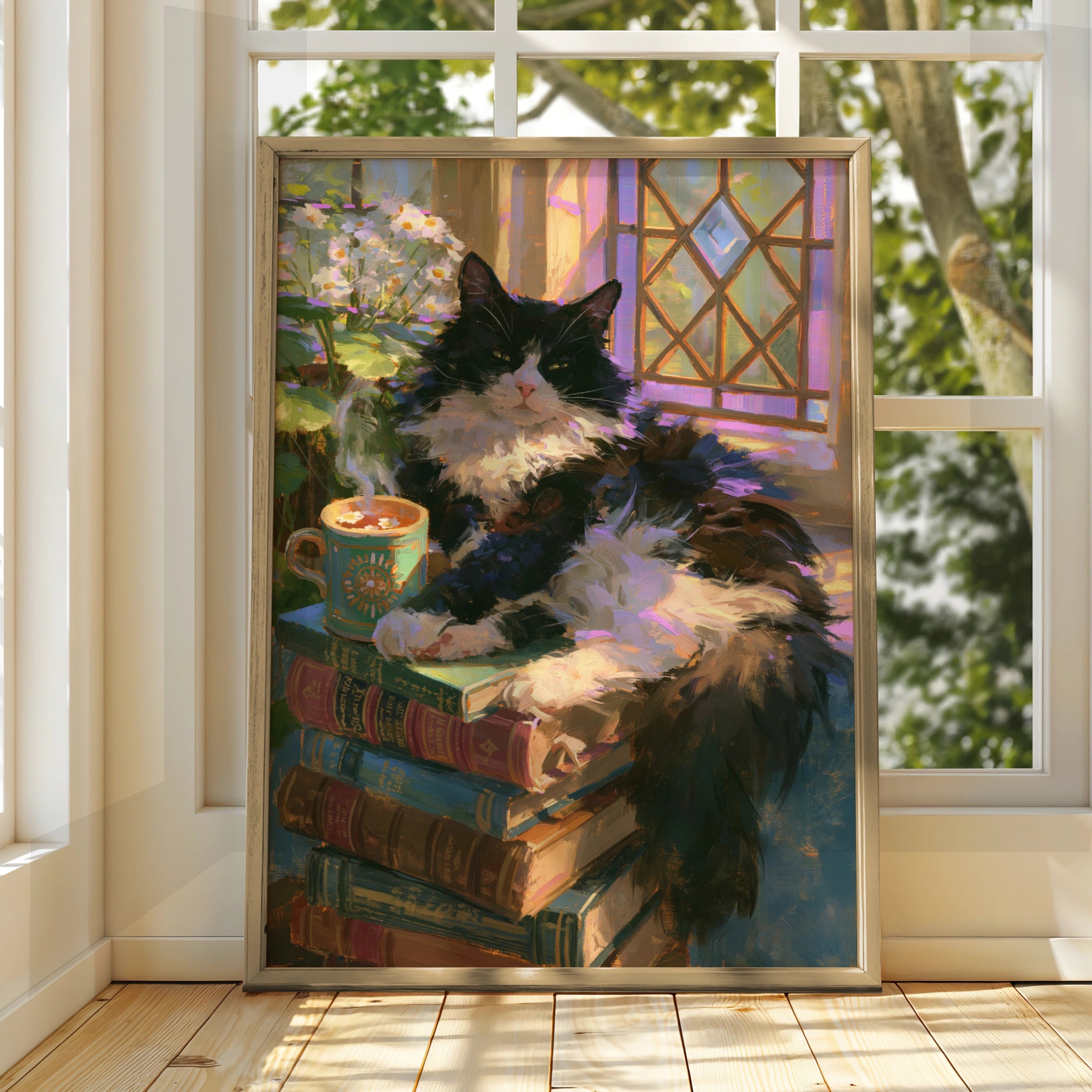 Sleepy Cat on Books Poster, Tuxedo Cat Wall Art, Cosy Reading Print
