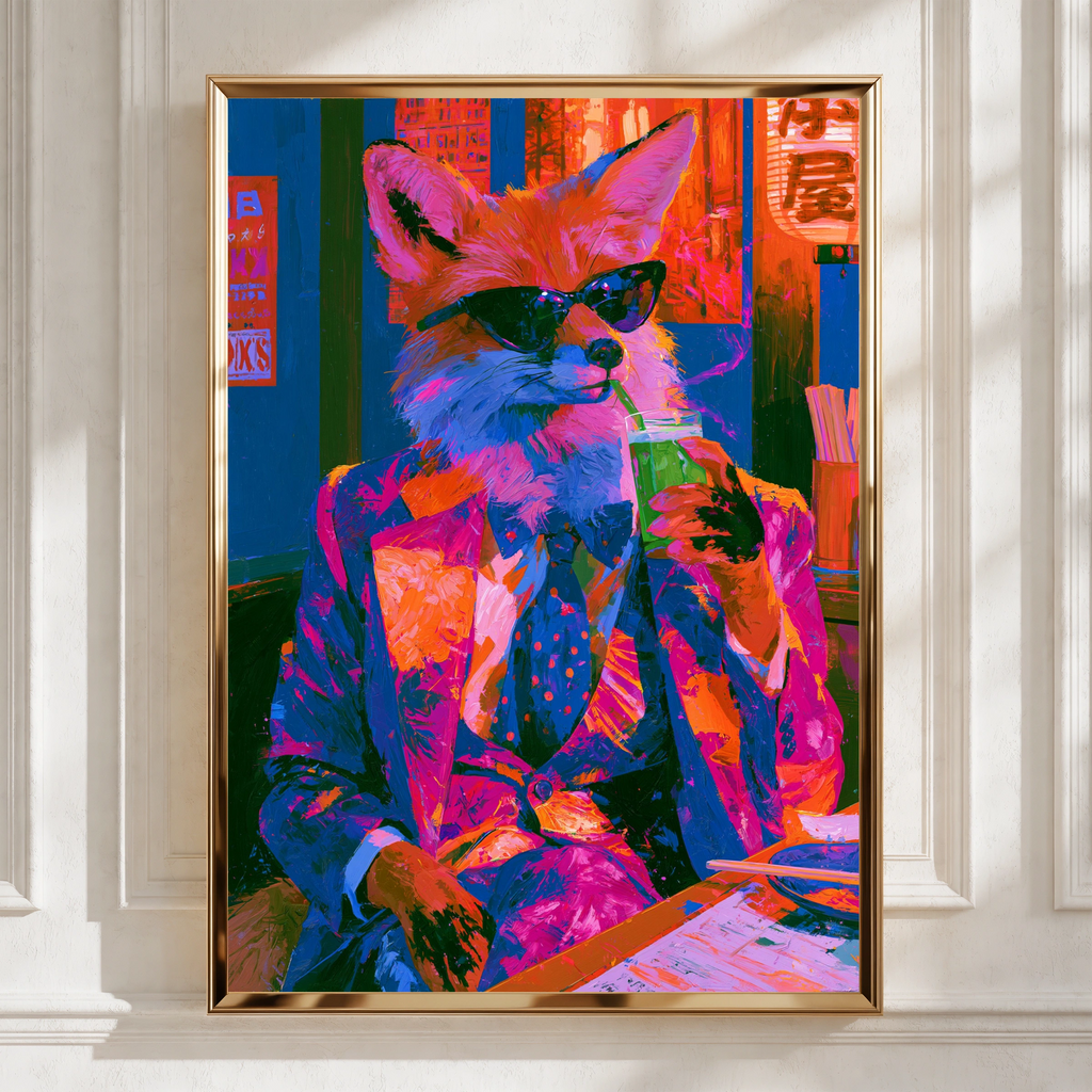 Cool Fox in Japanese Bar Poster, Neon Anthropomorphic Art Print, Bold Colours