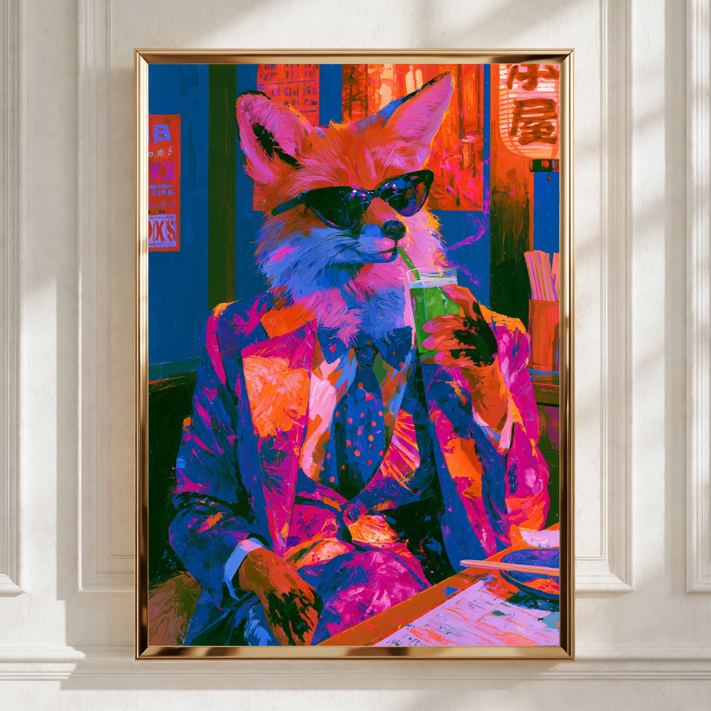 Cool Fox in Japanese Bar Poster, Neon Anthropomorphic Art Print, Bold Colours