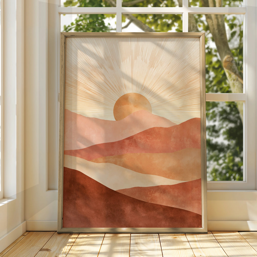 Boho Sun Mountain Poster, Terracotta Desert Landscape Print, Mid Century Wall Art