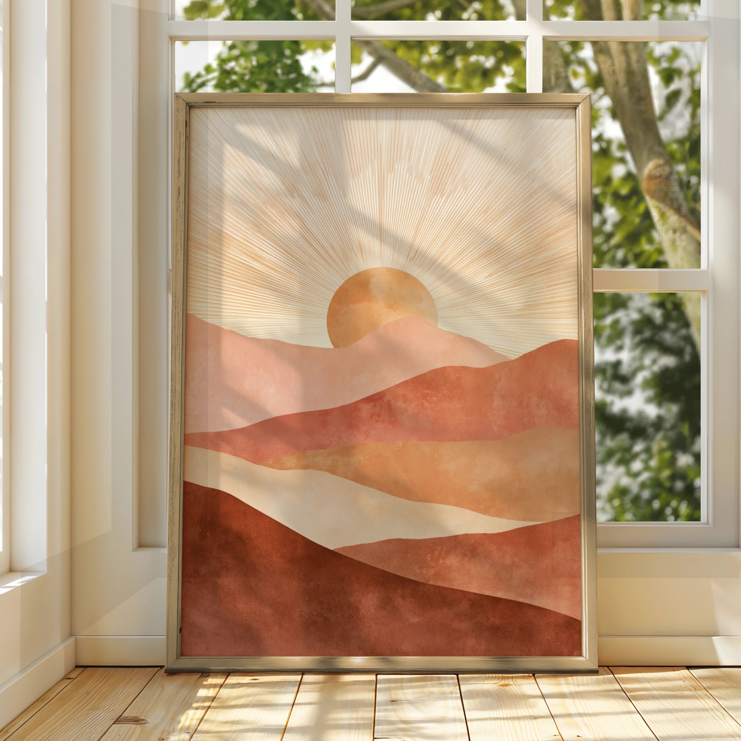 Boho Sun Mountain Poster, Terracotta Desert Landscape Print, Mid Century Wall Art