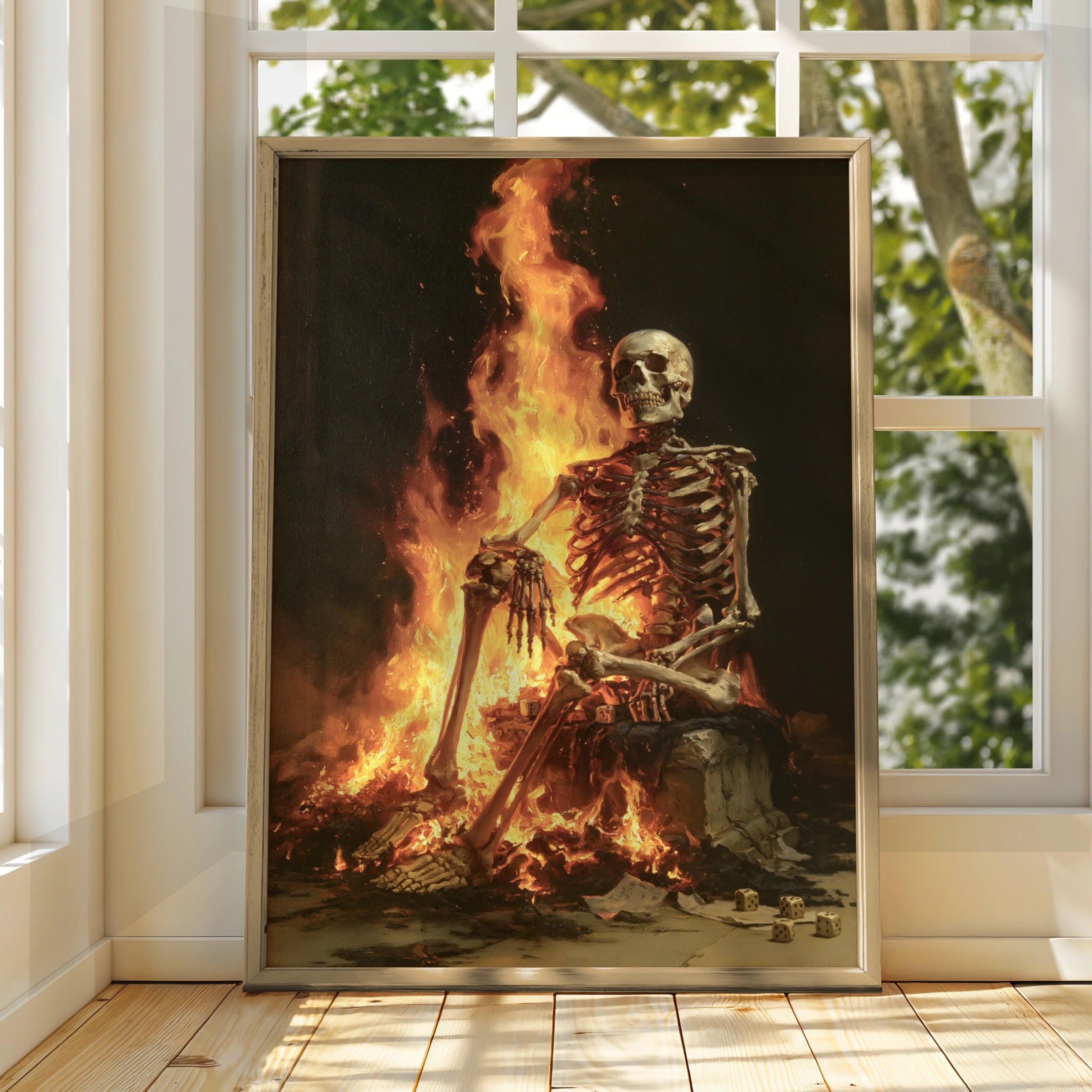 Skeleton Fire Dice Poster, Dark Gothic Wall Art, Oil Painting Style Print