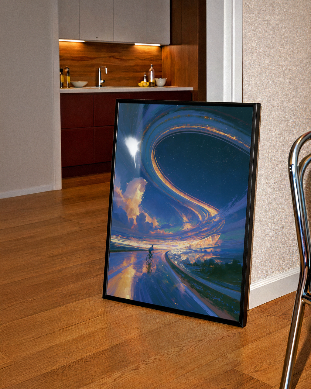 Cyclist Bicycle Path Sky Portal Poster, Surreal Fantasy Art Print, Blue Gold
