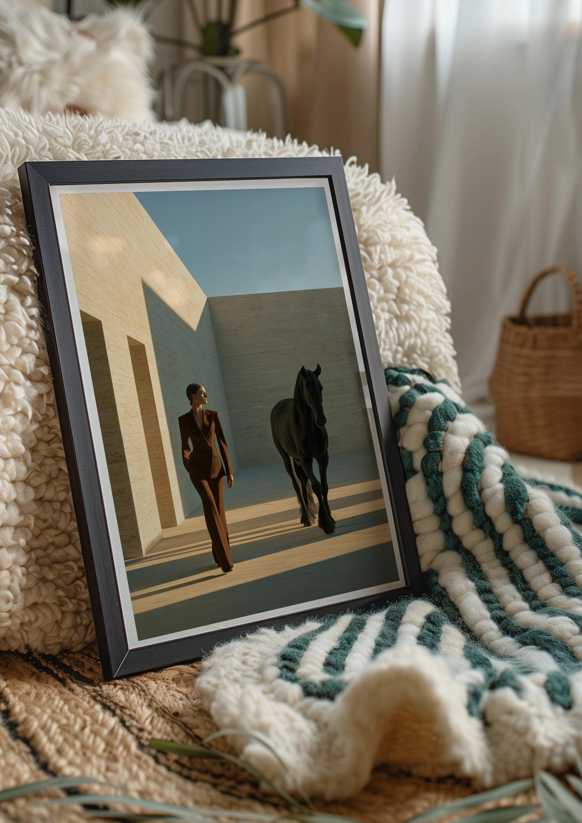 Woman Black Stallion Minimalist Poster, Elegant Horse Art Print, Modern Wall Art