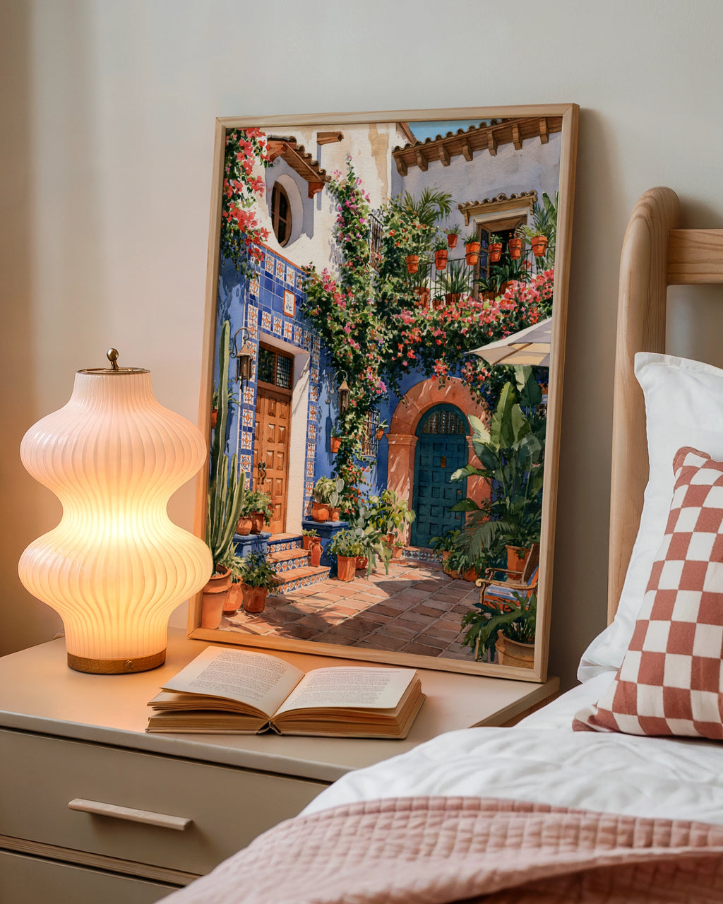 Spanish Courtyard Wall Art Poster, Blue Terracotta Floral, Watercolour Print
