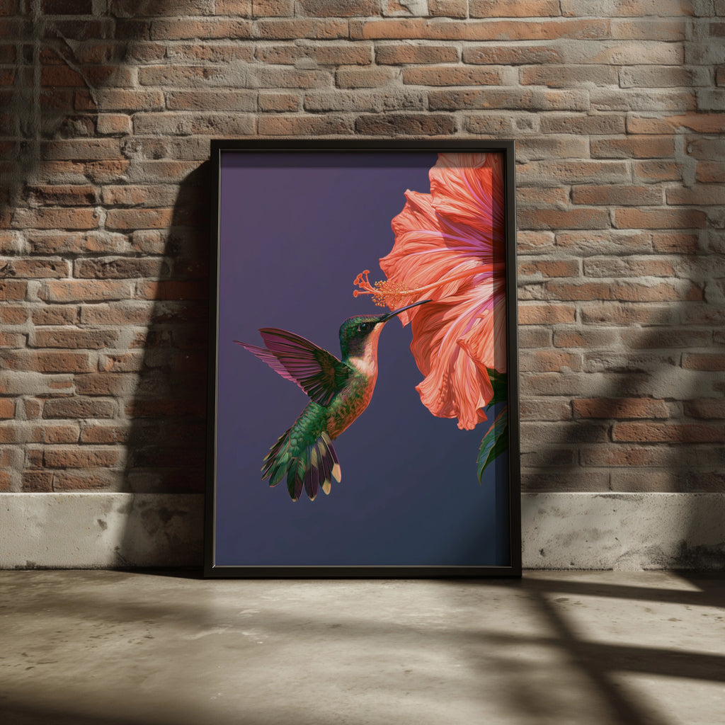 Hummingbird Hibiscus Poster, Botanical Bird Wall Art, Vibrant Illustration Print