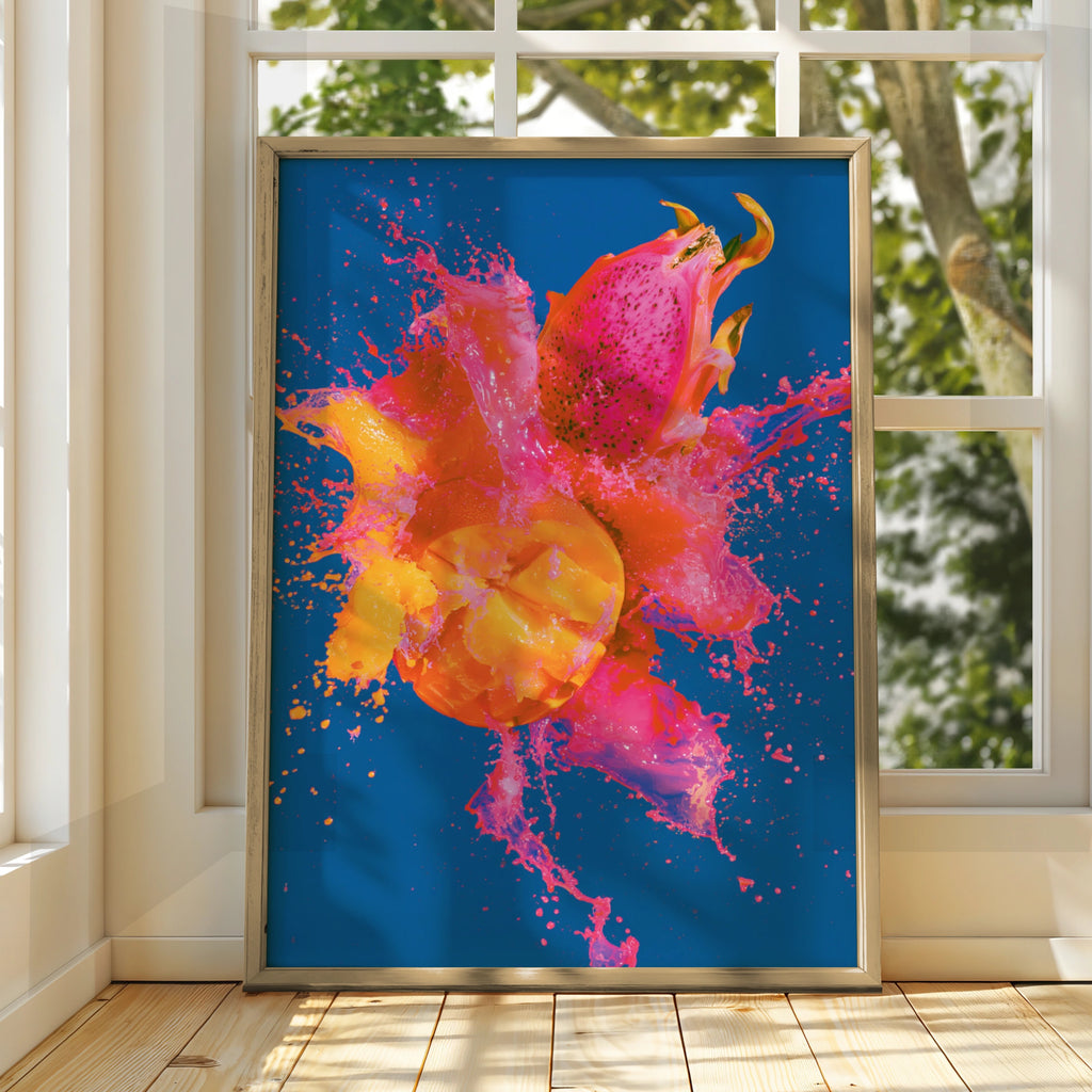 Dragon Fruit Mango Splash Poster, Tropical Fruit Wall Art, Bold Colourful Print