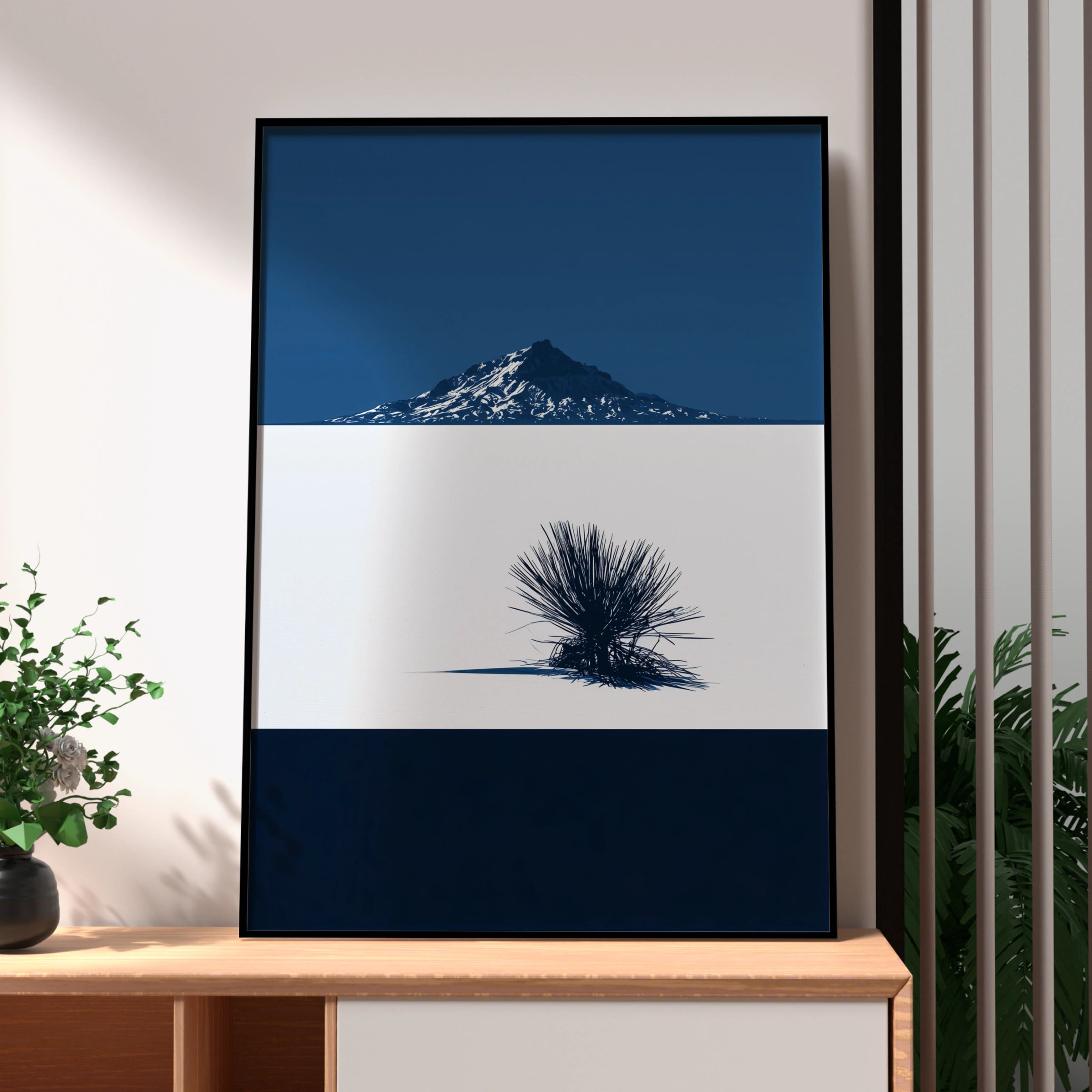 Desert Mountain Blue Poster, Minimalist Yucca Wall Art, Modern Nature Print