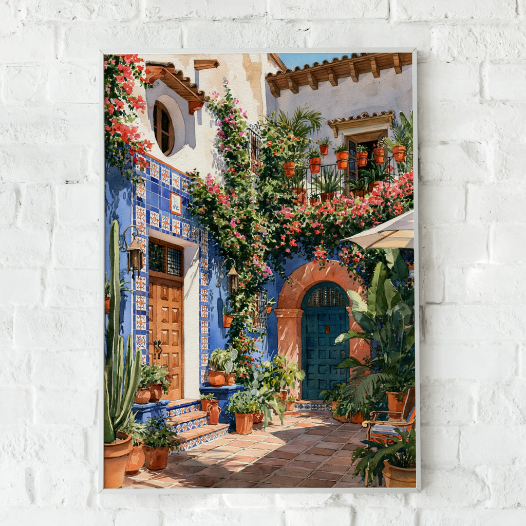 Spanish Courtyard Wall Art Poster, Blue Terracotta Floral, Watercolour Print