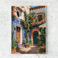 Spanish Courtyard Wall Art Poster, Blue Terracotta Floral, Watercolour Print