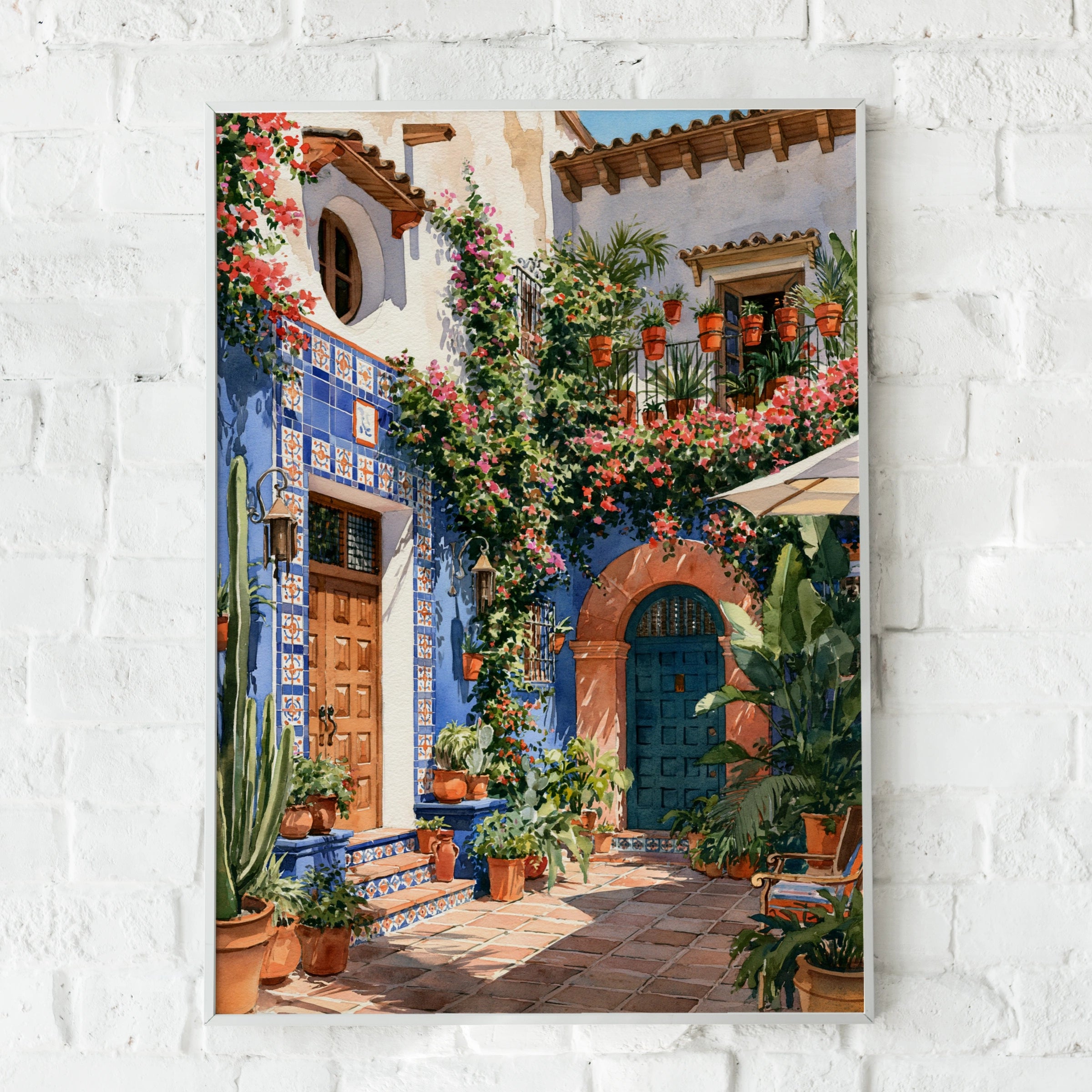 Spanish Courtyard Wall Art Poster, Blue Terracotta Floral, Watercolour Print