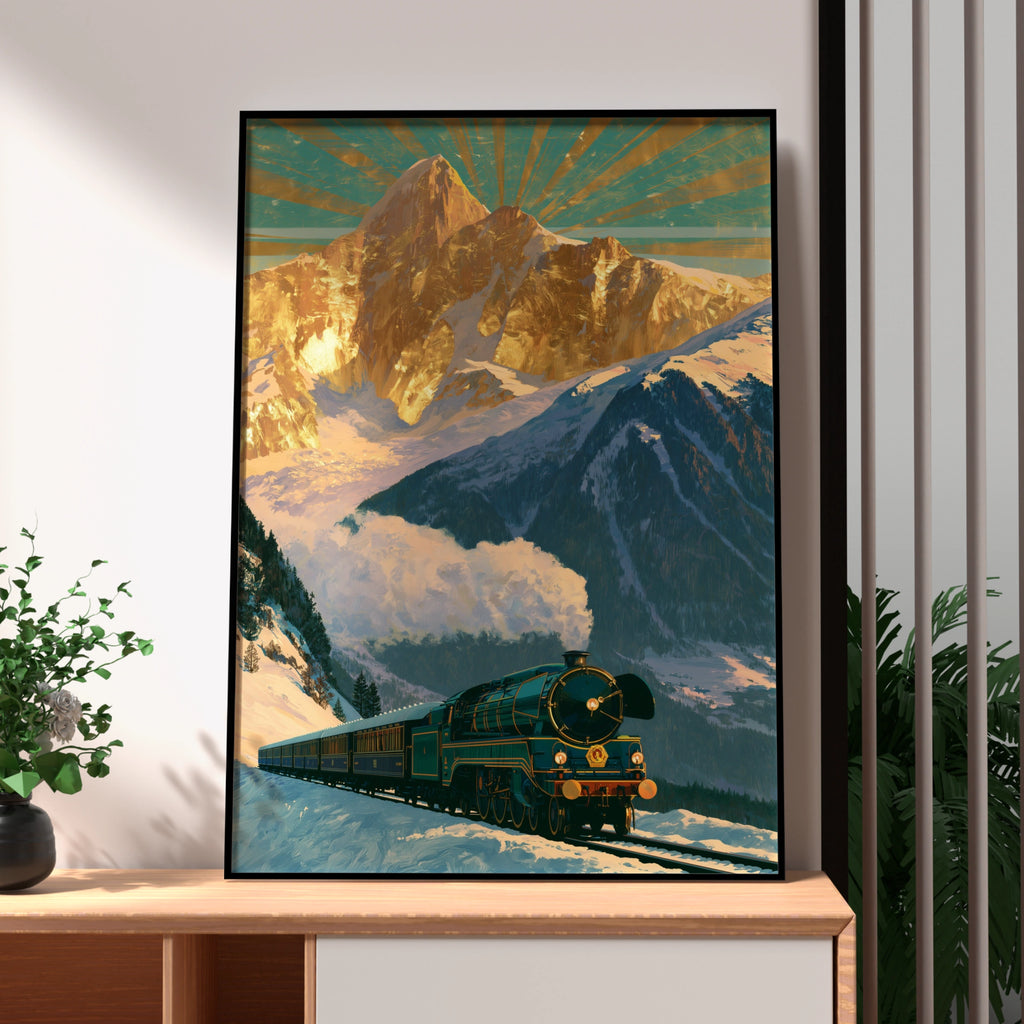 Steam Train Mountain Poster, Vintage Locomotive Art, Alpine Railway Print