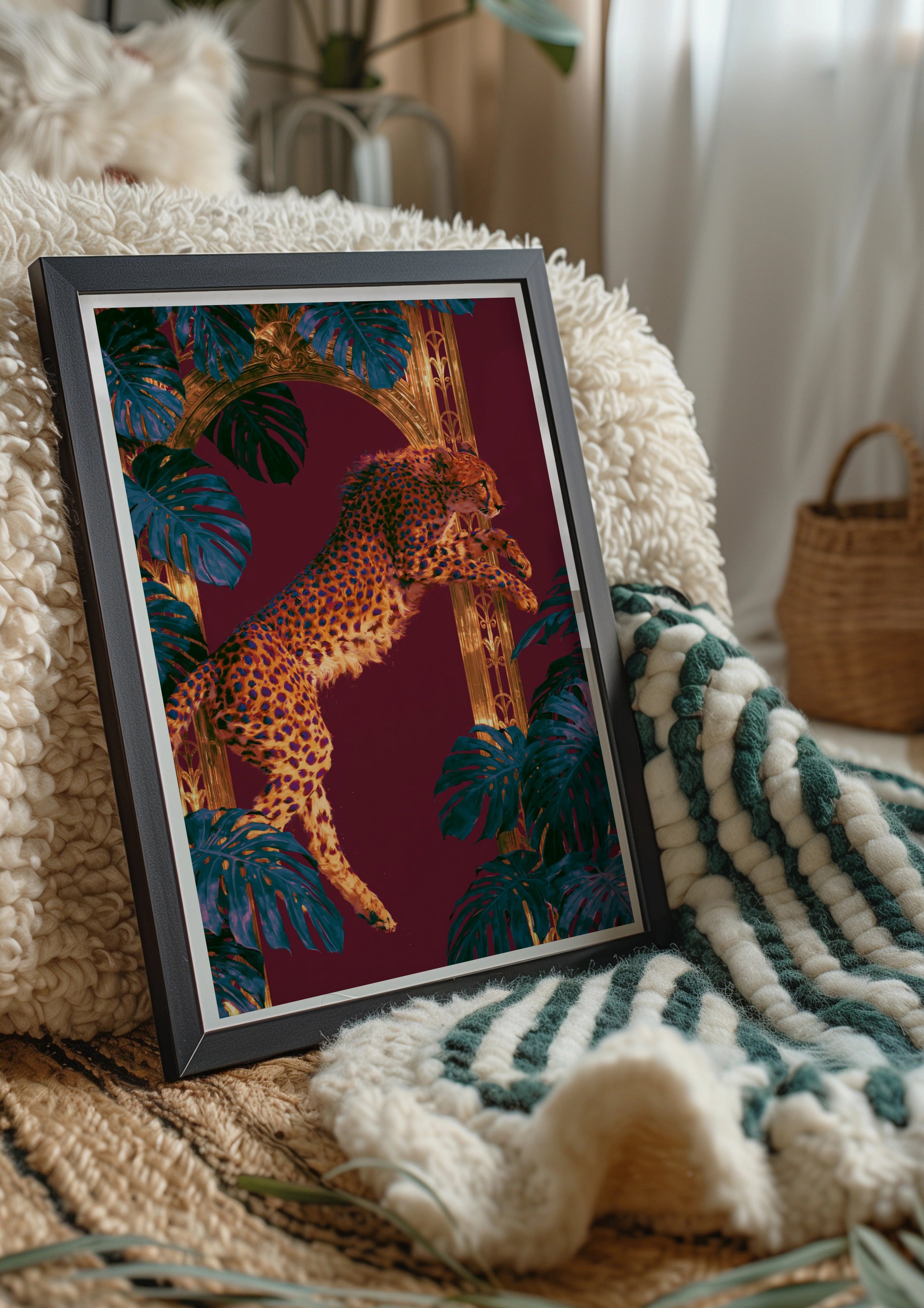 Leaping Cheetah Poster, Art Deco Jungle Wall Art, Bold Maximalist Print
