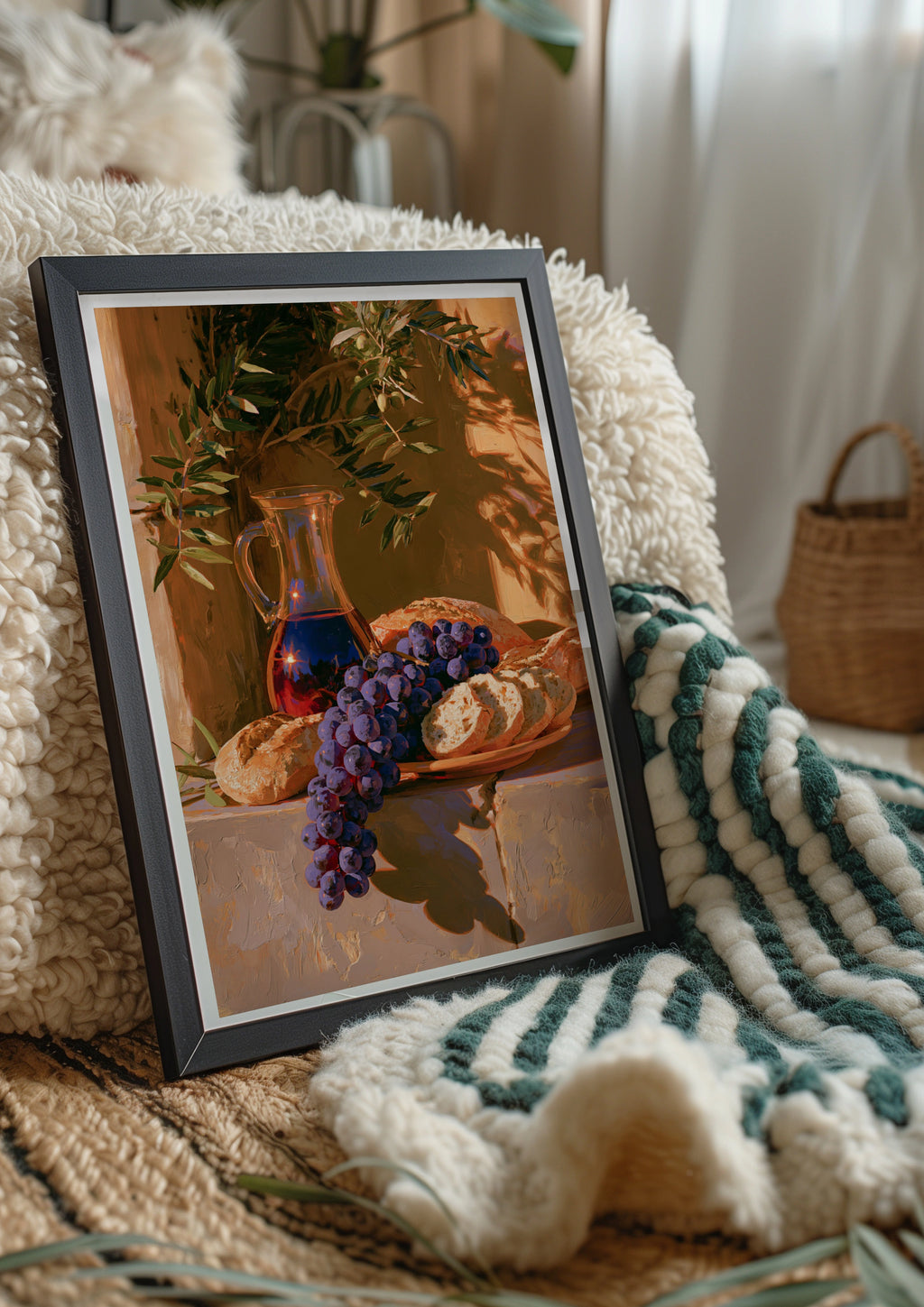 Grapes Wine Bread Still Life Poster, Mediterranean Sunlight, Oil Painting Style