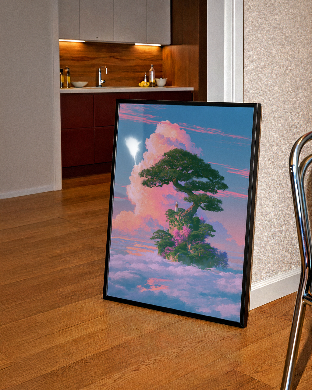 Floating Island Lighthouse Tree Sky Poster, Fantasy Japanese Art Print