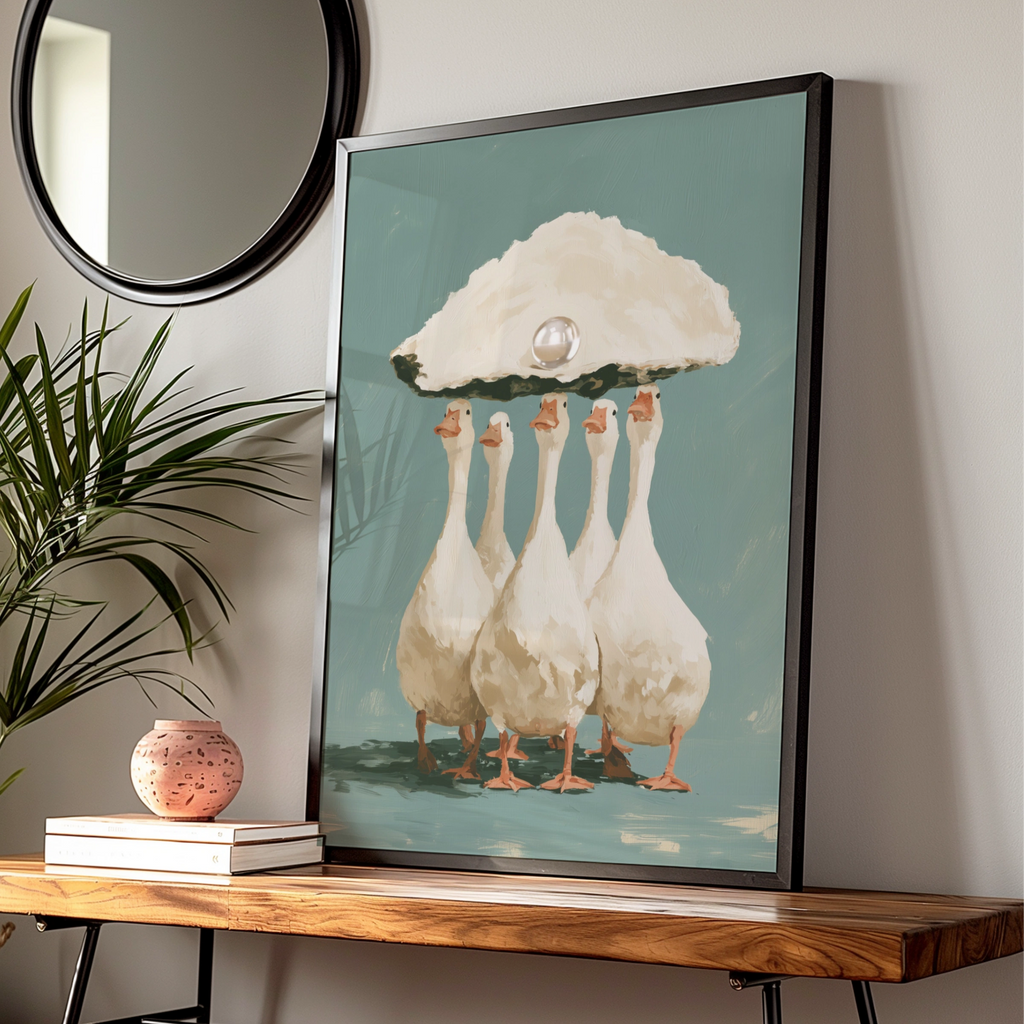 Ducks Carrying Pearl Oyster Shell Poster, Whimsical Animal Wall Art Print