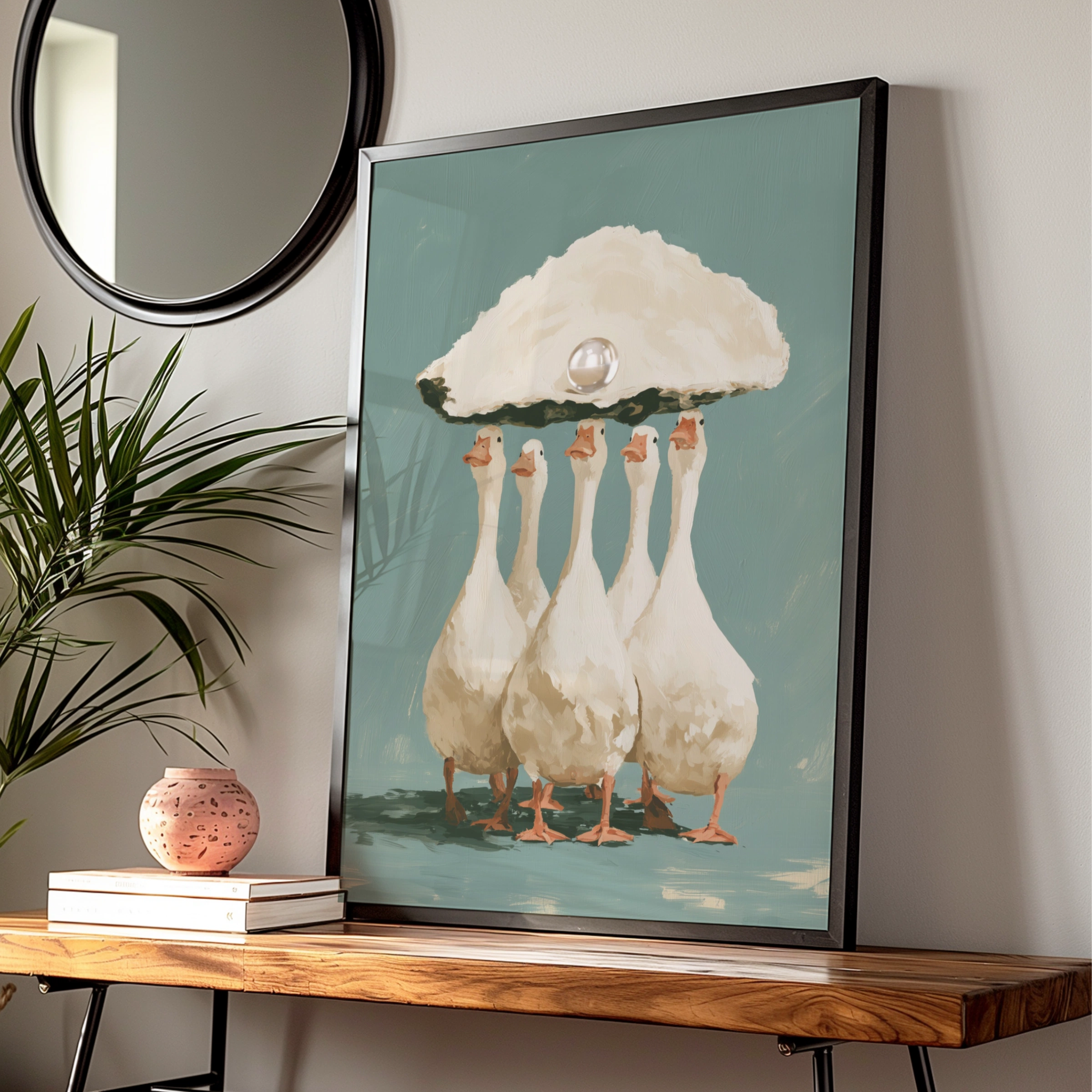 Ducks Carrying Pearl Oyster Shell Poster, Whimsical Animal Wall Art Print