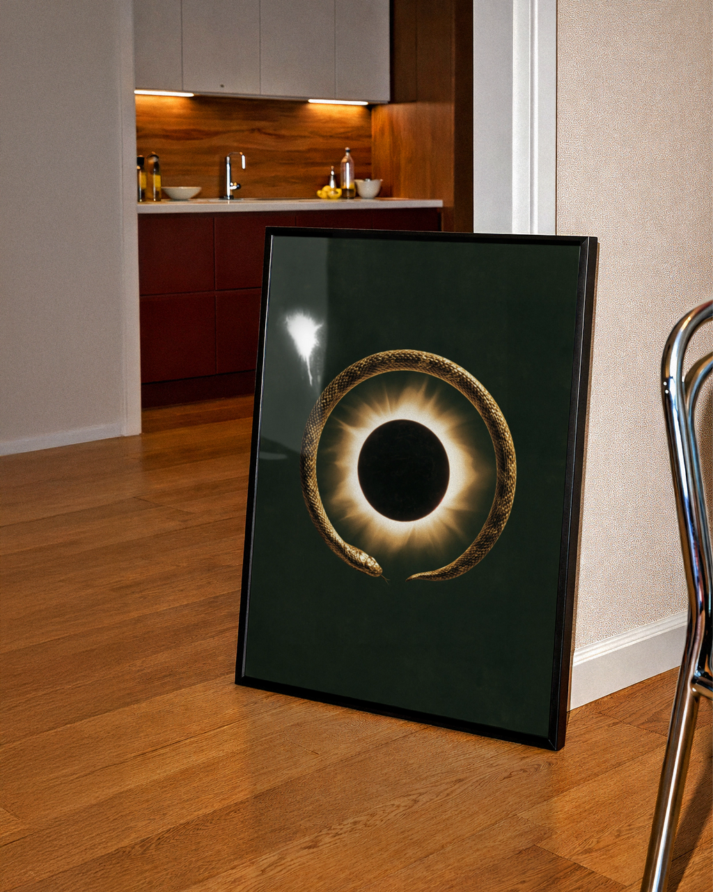 Ouroboros Snake Eclipse Poster, Gold Serpent Wall Art, Dark Mystical Print