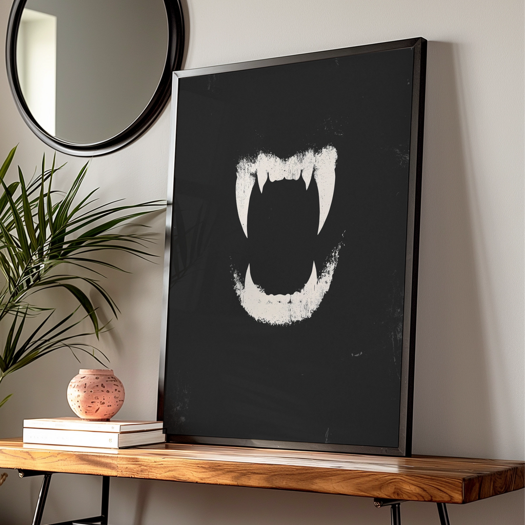 Vampire Fangs Poster, Dark Gothic Wall Art, Black White Grunge Print