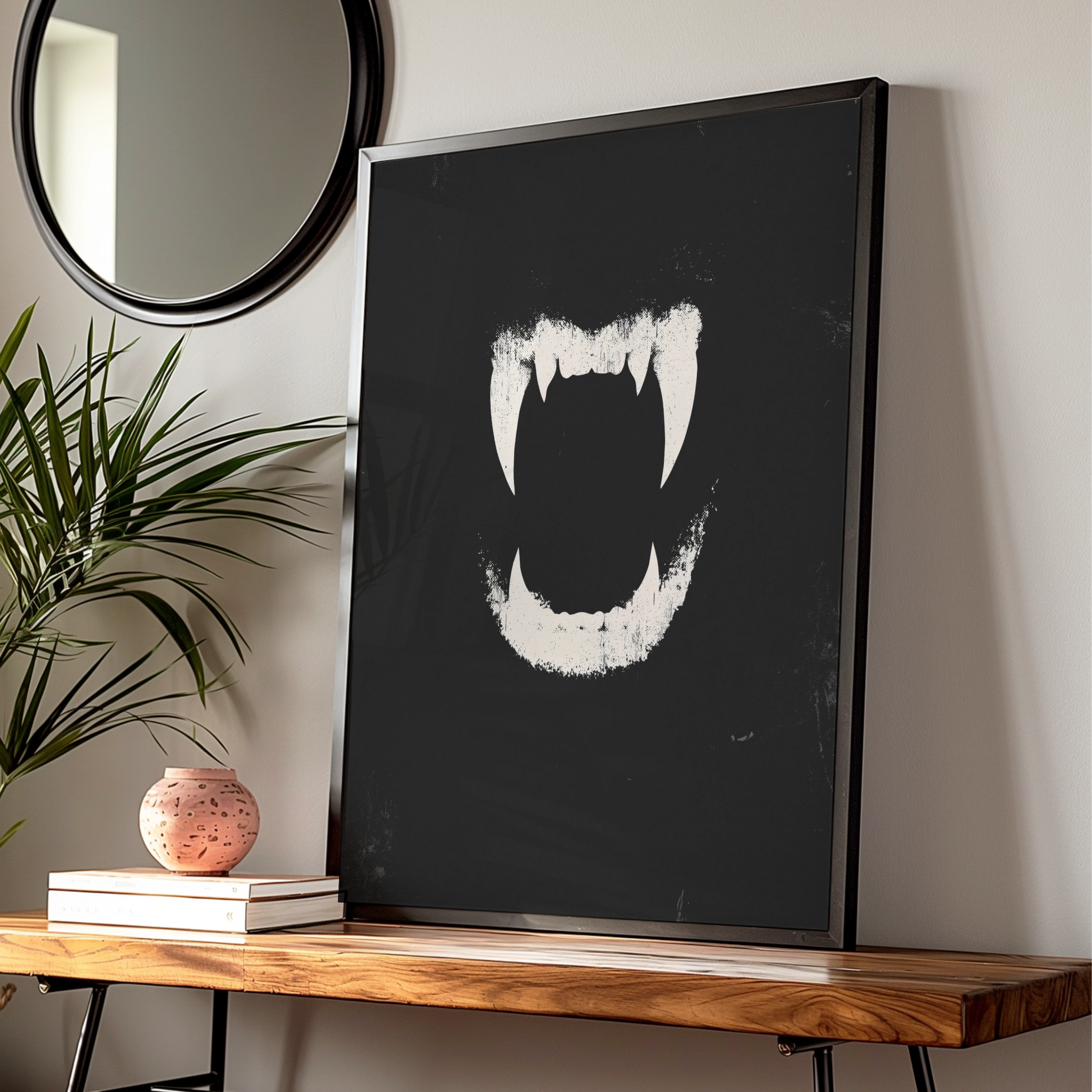 Vampire Fangs Poster, Dark Gothic Wall Art, Black White Grunge Print
