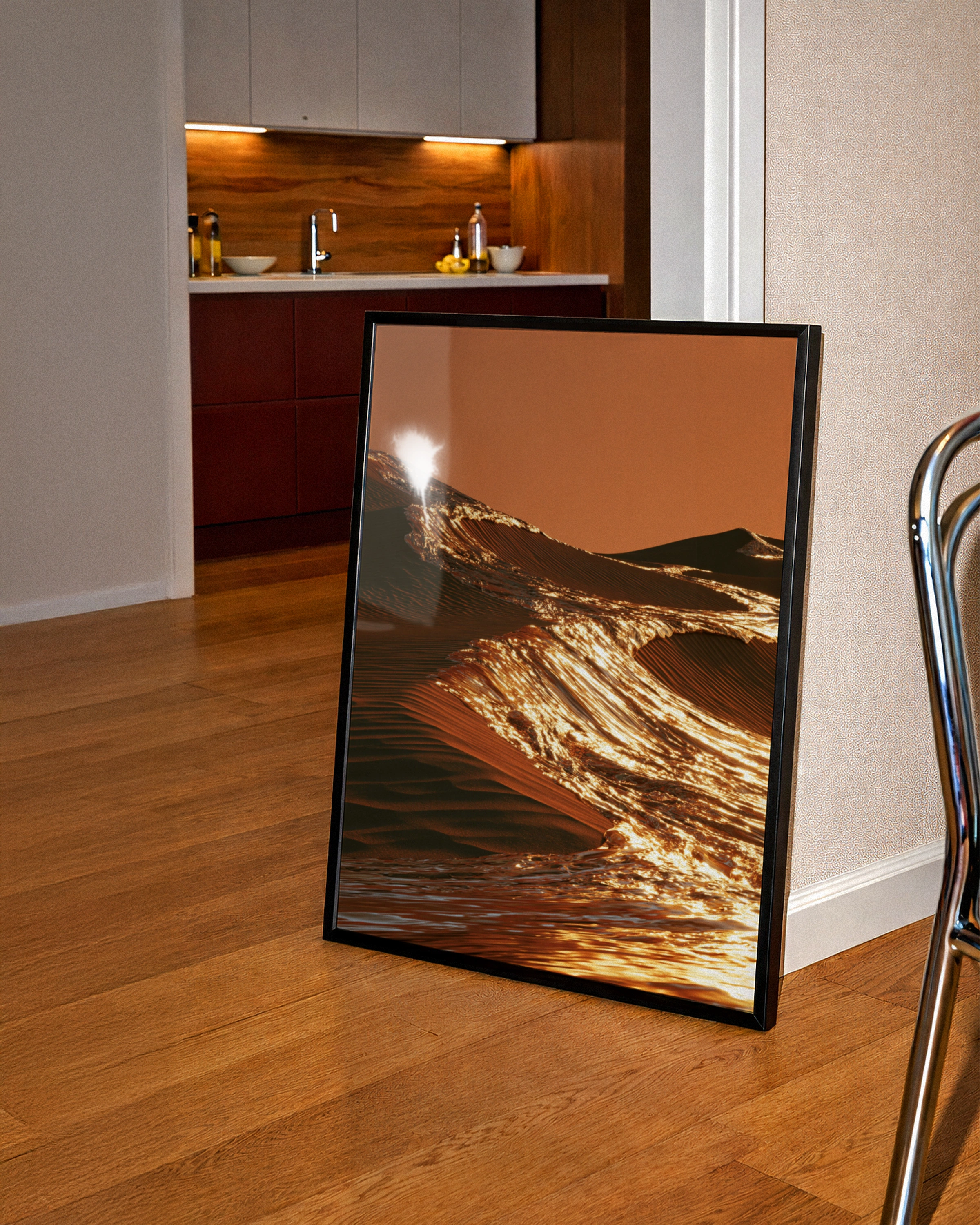 Sand Dunes Golden Water Surreal Desert Wave Poster, Abstract Art Print