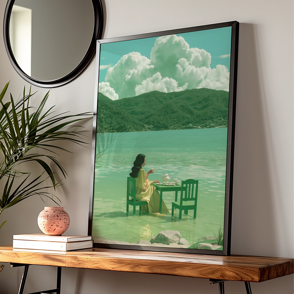 Woman Tea Table Sea Poster, Surreal Green Coastal Wall Art, Dreamy Figurative Print