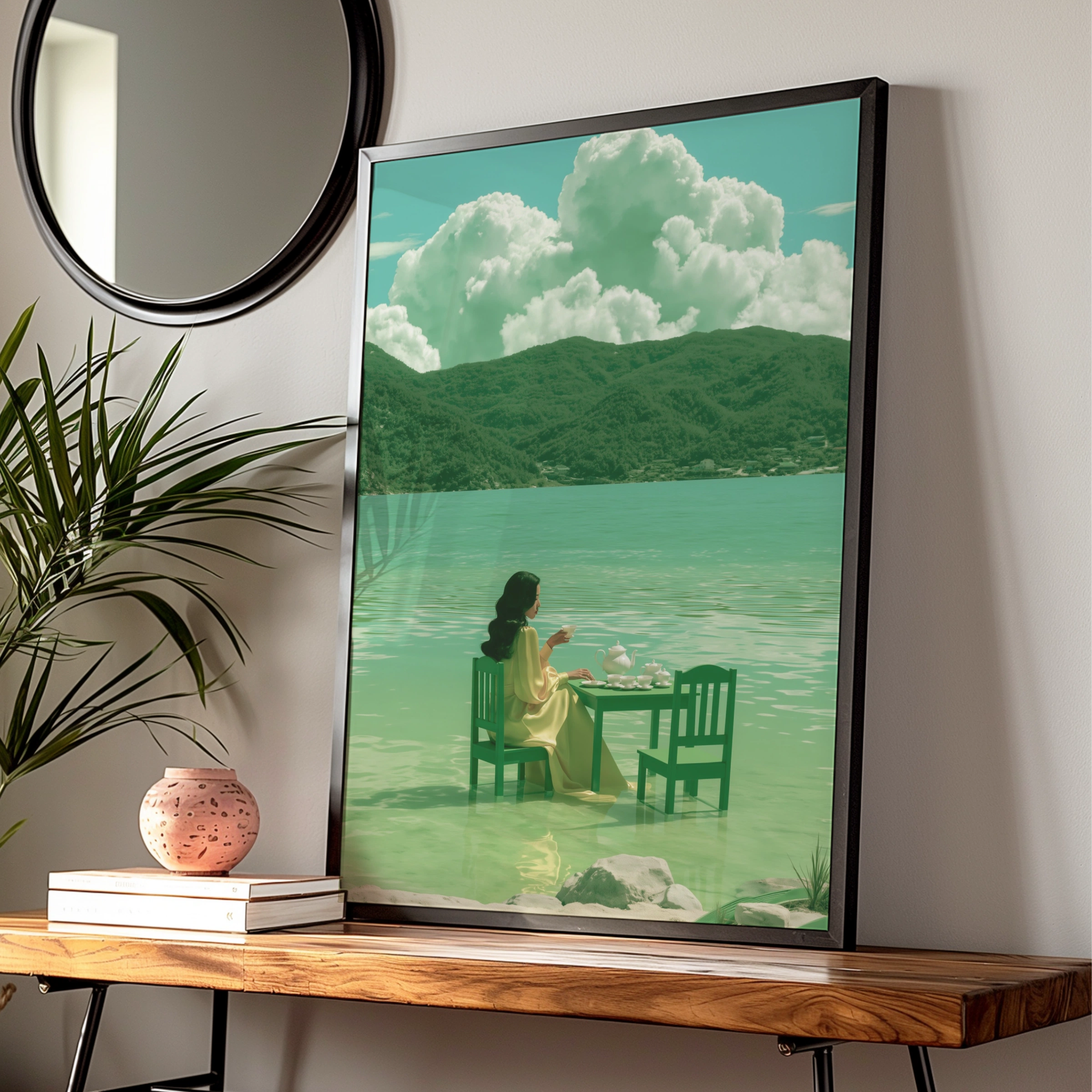 Woman Tea Table Sea Poster, Surreal Green Coastal Wall Art, Dreamy Figurative Print