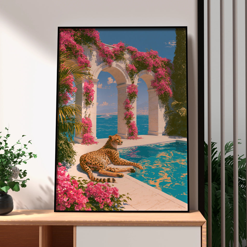 Cheetah Poolside Bougainvillea Arches Poster, Mediterranean Wall Art Print