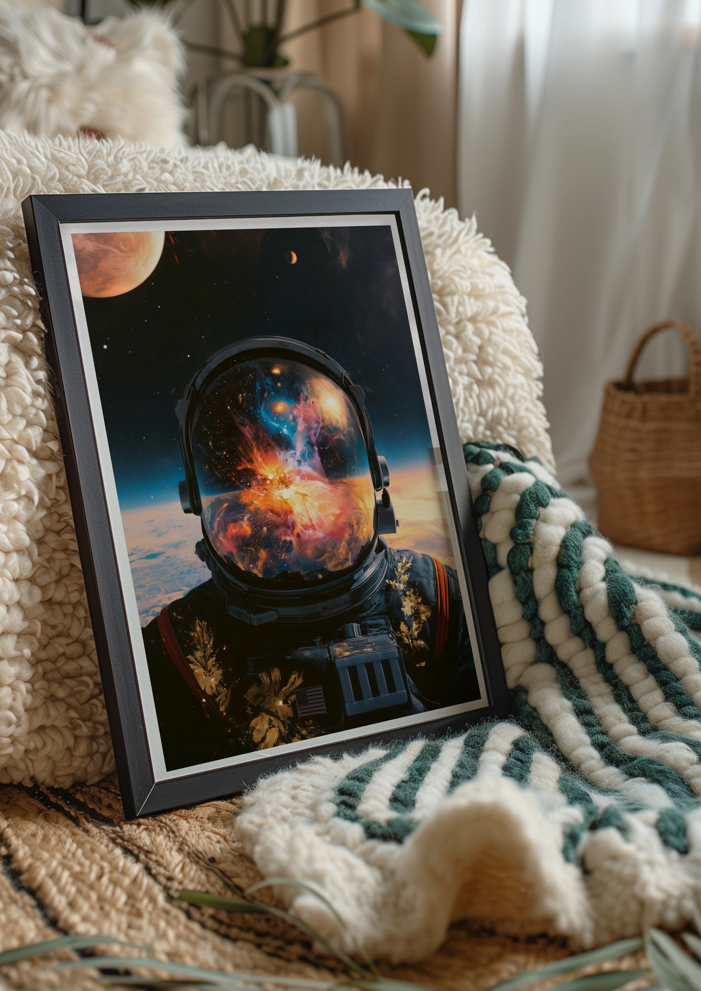 Astronaut Abstract Space Poster, Nebula Galaxy Helmet Reflection, Modern Wall Art