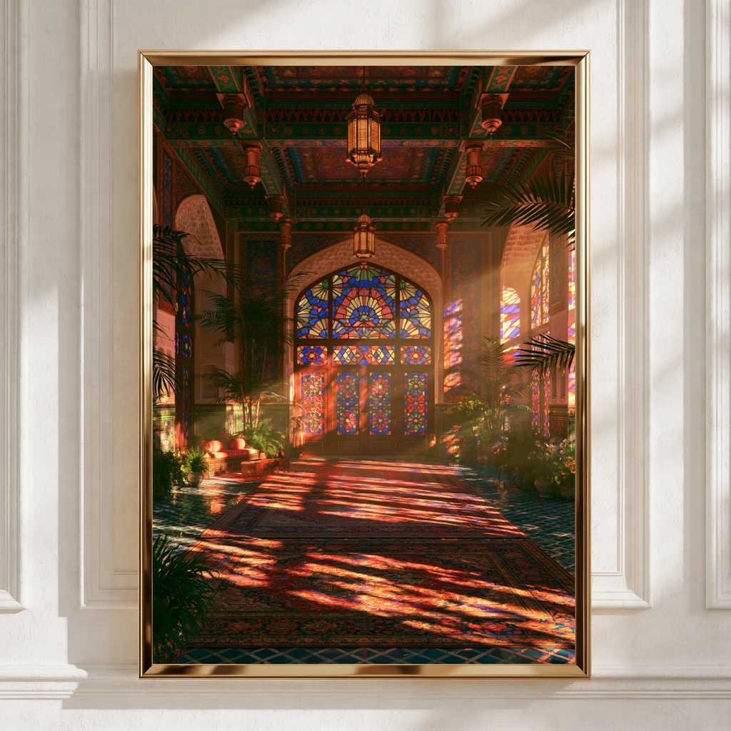 Stained Glass Hall Sunset Poster, Moorish Interior Art Print, Warm Golden Light