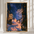 Celestial Library Sky City Poster, Fantasy Architecture Art Print, Starry Night
