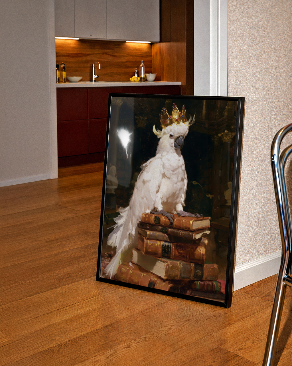 Crowned Cockatoo on Books Poster, Royal Bird Library Wall Art Print